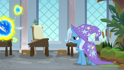 Size: 1920x1080 | Tagged: safe, screencap, character:trixie, species:pony, species:unicorn, episode:a horse shoe-in, g4, my little pony: friendship is magic, bee, cape, clothing, desk, determined, female, flash bee, hat, mare, stool, trixie's cape, trixie's hat