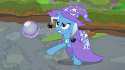 Size: 1920x1080 | Tagged: safe, screencap, character:trixie, species:pony, species:unicorn, episode:a horse shoe-in, g4, my little pony: friendship is magic, burnt mane, cape, clothing, female, hat, mare, scorched, smoke bomb, solo, trixie's cape, trixie's hat