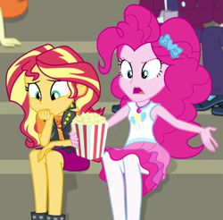 Size: 645x635 | Tagged: safe, screencap, character:pinkie pie, character:sunset shimmer, episode:sock it to me, g4, my little pony:equestria girls, cropped, food, popcorn