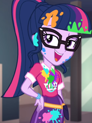 Size: 806x1080 | Tagged: safe, screencap, character:twilight sparkle, character:twilight sparkle (scitwi), species:eqg human, equestria girls:sunset's backstage pass, g4, my little pony:equestria girls, bangs, clothing, collar, cropped, cute, female, glasses, hand on hip, indoors, lidded eyes, messy, music festival outfit, paint, ponytail, public restroom, raised eyebrow, shirt, short sleeves, skirt, smiling, talking, twiabetes