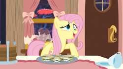 Size: 1920x1080 | Tagged: safe, screencap, character:fluttershy, species:pegasus, species:pony, episode:discordant harmony, g4, my little pony: friendship is magic, cute, derp, female, food, mare, open mouth, sandwich, shyabetes, silly, silly pony, smiling, solo