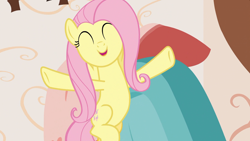 Size: 1920x1080 | Tagged: safe, screencap, character:fluttershy, species:pegasus, species:pony, episode:discordant harmony, g4, my little pony: friendship is magic, cute, eyes closed, female, mare, open mouth, shyabetes, smiling, solo