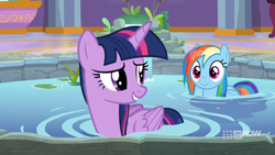 Size: 1280x720 | Tagged: safe, screencap, character:rainbow dash, character:twilight sparkle, character:twilight sparkle (alicorn), species:alicorn, species:pegasus, species:pony, episode:deep tissue memories, cute, dashabetes, duo, female, folded wings, hot tub, looking at each other, looking back, mare, ponyville spa, raised eyebrow, smiling, water, wet mane, wet mane rainbow dash, wings
