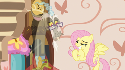 Size: 1920x1080 | Tagged: safe, screencap, character:discord, character:fluttershy, species:draconequus, species:pegasus, species:pony, episode:discordant harmony, g4, my little pony: friendship is magic, clothing, duo, fading, faec, glasses, sweater, transparent