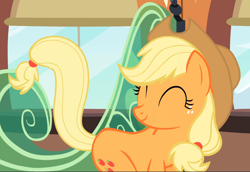 Size: 1366x939 | Tagged: safe, screencap, character:applejack, species:earth pony, species:pony, episode:just for sidekicks, g4, my little pony: friendship is magic, cropped, cute, eyes closed, friendship express, jackabetes, raised tail, smiling, solo, tail