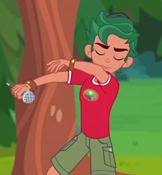 Size: 500x541 | Tagged: safe, screencap, character:timber spruce, equestria girls:legend of everfree, g4, my little pony:equestria girls, camp everfree logo, camp everfree outfits, clothing, cropped, eyes closed, male, microphone, shorts