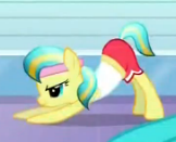 Size: 162x131 | Tagged: safe, screencap, species:crystal pony, species:earth pony, species:pony, episode:games ponies play, g4, my little pony: friendship is magic, ass up, athlete, clothing, cropped, female, mare, running, smiling, solo, stretching, sunshine splash, sweatband