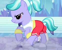 Size: 487x394 | Tagged: safe, screencap, species:crystal pony, species:earth pony, species:pony, episode:games ponies play, g4, my little pony: friendship is magic, athlete, clothing, cropped, female, male, mare, periwinkle pace, rapid rush, running, smiling, solo, stallion