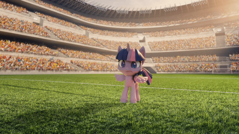 Size: 800x450 | Tagged: safe, screencap, character:twilight sparkle, character:twilight sparkle (alicorn), species:alicorn, species:pony, g4.5, my little pony: stop motion short, my little pony:pony life, animated, ball, book, book filled adventure, cute, football, gif, happy, irl, kicking, photo, running, soccer field, solo, sports, stop motion, twiabetes
