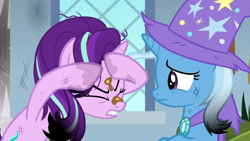 Size: 1920x1080 | Tagged: safe, screencap, character:starlight glimmer, character:trixie, species:pony, species:unicorn, episode:a horse shoe-in, g4, my little pony: friendship is magic, angry, burnt mane, clothing, dirty, duo, eyes closed, female, hat, mare, scorched, trixie's hat