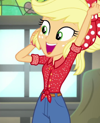 Size: 880x1080 | Tagged: safe, screencap, character:applejack, equestria girls:rollercoaster of friendship, g4, my little pony:equestria girls, cropped, cute, female, jackabetes, solo