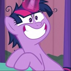 Size: 723x722 | Tagged: safe, screencap, character:twilight sparkle, character:twilight sparkle (alicorn), species:alicorn, species:pony, episode:a trivial pursuit, g4, my little pony: friendship is magic, cropped, cute, faec, glowing horn, horn, messy mane, sitting, smiling, solo, teeth, twiabetes, twilight snapple, twilynanas