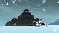 Size: 1280x720 | Tagged: safe, screencap, character:king sombra, character:shining armor, character:spike, episode:the crystal empire, g4, my little pony: friendship is magic, dark magic, darkness, eyes, running, scared, shadow, snow, snow goggles, snowfall, sombra eyes