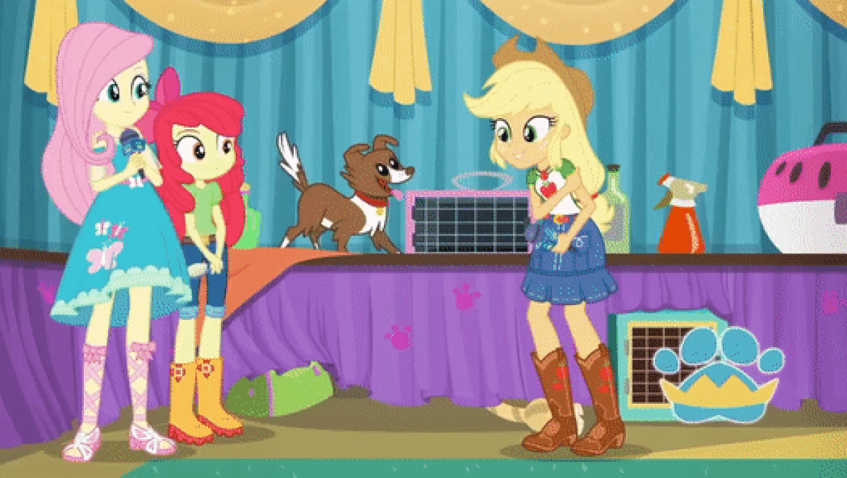 Size: 1200x677 | Tagged: safe, screencap, character:apple bloom, character:applejack, character:fluttershy, character:winona, species:dog, episode:best in show: the pre-show, g4, my little pony:equestria girls, animated, apple bloom's bow, best in show logo, boots, bow, clothing, cowboy boots, cowboy hat, cropped, gif, hair bow, hat, jeans, microphone, pants, running, shirt, shoes, skirt