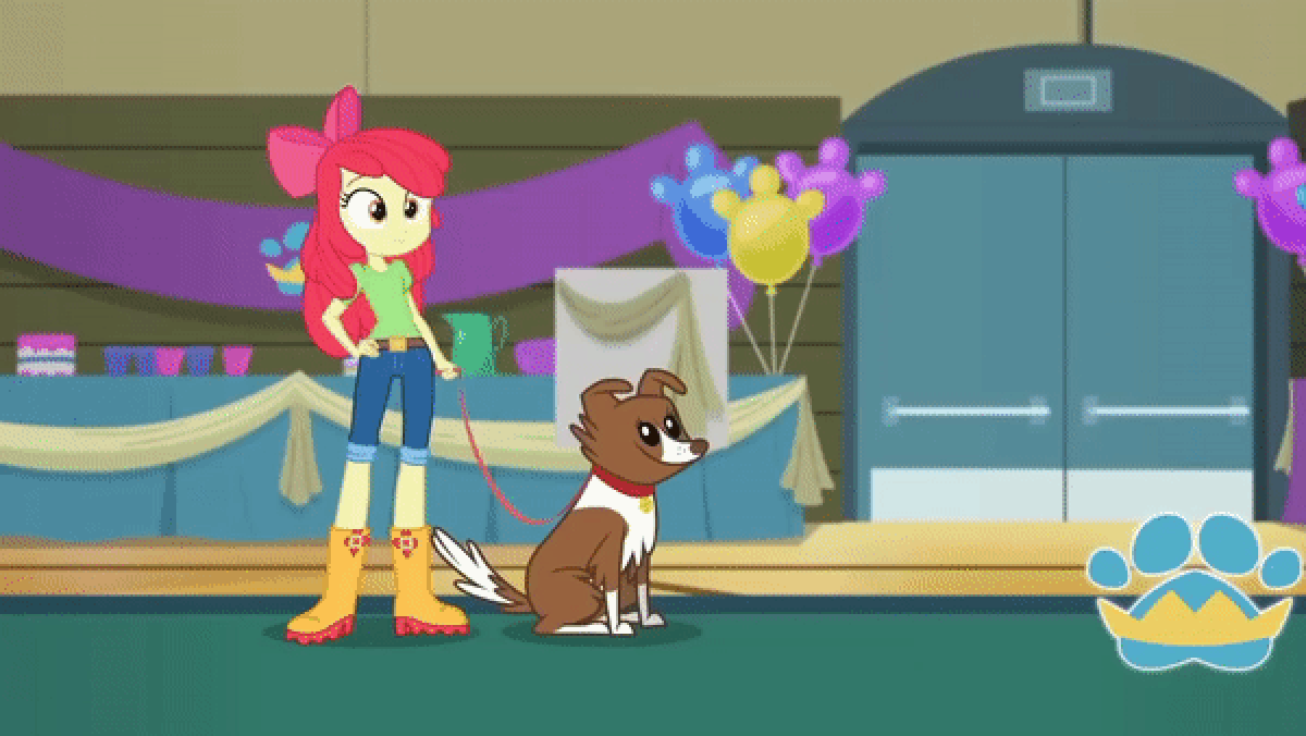 Size: 1200x676 | Tagged: safe, screencap, character:apple bloom, character:cranky doodle donkey, character:winona, species:dog, episode:best in show: the victory lap, g4, my little pony:equestria girls, animated, apple bloom's bow, balloon, boots, bow, clothing, collar, cropped, cup, dog collar, door, fluffersnuff, gif, hair bow, hand on hip, jeans, leaning, looking at each other, pants, pet, petting, shirt, shoes, short pants, smiling, sweater, table, walking