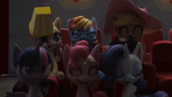 Size: 1920x1080 | Tagged: safe, screencap, character:applejack, character:fluttershy, character:pinkie pie, character:rainbow dash, character:rarity, character:twilight sparkle, character:twilight sparkle (alicorn), species:alicorn, species:earth pony, species:pegasus, species:pony, species:unicorn, g4.5, my little pony: stop motion short, my little pony:pony life, animated, applejack's hat, clothing, cowboy hat, eyes closed, food, hasbro logo, hat, hat in the way, laughing, movie, popcorn, popcorn box, sound, theater, theater seat, webm