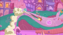 Size: 1231x694 | Tagged: safe, screencap, character:rainbow dash, episode:the best of the worst, g4.5, my little pony:pony life, spoiler:pony life s01e02, plume, ponyville, solo, spin dash