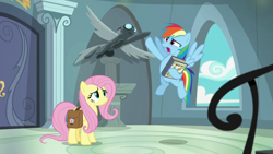Size: 1920x1080 | Tagged: safe, screencap, character:fluttershy, character:rainbow dash, species:pegasus, species:pony, episode:daring doubt, g4, my little pony: friendship is magic, bag, book, flying, holding, hoof in air, saddle bag