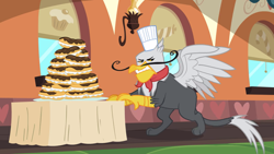 Size: 2000x1125 | Tagged: safe, screencap, character:gustave le grande, species:griffon, episode:mmmystery on the friendship express, g4, my little pony: friendship is magic, clothing, eclair, facial hair, food, gustave le grande, hat, male, moustache, narrowed eyes, scowl, solo, table, toque