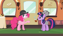 Size: 2000x1125 | Tagged: safe, screencap, character:pinkie pie, character:twilight sparkle, character:twilight sparkle (unicorn), species:earth pony, species:pony, species:unicorn, episode:mmmystery on the friendship express, g4, my little pony: friendship is magic, bag, bowler hat, bubble pipe, clothing, deerstalker, detective, duo, female, hat, lidded eyes, mare, pipe, puffy cheeks, raised hoof, saddle bag, sherlock holmes, watson