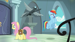 Size: 1920x1080 | Tagged: safe, screencap, character:fluttershy, character:rainbow dash, species:pegasus, species:pony, episode:daring doubt, g4, my little pony: friendship is magic, bag, flying, saddle bag, walking