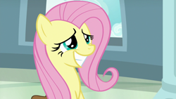 Size: 1920x1080 | Tagged: safe, screencap, character:fluttershy, species:pegasus, species:pony, episode:daring doubt, g4, my little pony: friendship is magic, bag, grin, saddle bag, sitting, smiling, solo