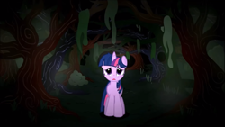 Size: 1360x765 | Tagged: safe, screencap, character:twilight sparkle, character:twilight sparkle (unicorn), species:pony, species:unicorn, bush, female, forest, grass, journey of the spark, limping, mare, mist, moss, night, scared, solo, tree, youtube, youtube link