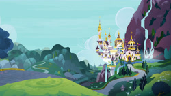 Size: 7680x4320 | Tagged: safe, screencap, episode:the ending of the end, g4, my little pony: friendship is magic, canterlot, city, no pony, scenery, upscaled, valley, waterfall
