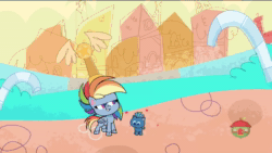 Size: 1280x720 | Tagged: safe, screencap, character:rainbow dash, species:earth pony, species:pegasus, species:pony, episode:the best of the worst, g4.5, my little pony:pony life, spoiler:pony life s01e02, animated, colt, female, male, mare, smallfry, smol, sound, squished, treehouse logo, trophy, webm