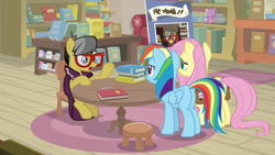 Size: 1920x1080 | Tagged: safe, screencap, character:a.k. yearling, character:fluttershy, character:rainbow dash, species:pegasus, species:pony, episode:daring doubt, g4, my little pony: friendship is magic, book, bookshelf, butt, clothing, female, glasses, mare, plot