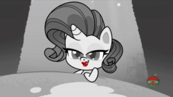 Size: 1920x1078 | Tagged: safe, screencap, character:pinkie pie, character:rarity, species:earth pony, species:pony, species:unicorn, episode:princess probz, g4.5, my little pony:pony life, spoiler:pony life s01e01, animated, black and white, blowing a kiss, cute, grayscale, lips, lipstick, monochrome, musical instrument, noir, playing with hair, pretty, rarity being rarity, red lipstick, saxophone, sound, talking, treehouse logo, webm