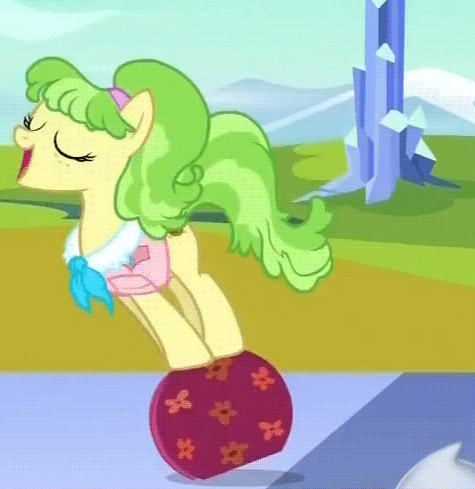 Size: 475x489 | Tagged: safe, screencap, character:chickadee, character:ms. peachbottom, episode:games ponies play, g4, my little pony: friendship is magic, animated, good trick, spinning, suitcase