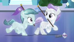 Size: 1440x810 | Tagged: safe, screencap, character:glass slipper, character:hope, species:crystal pony, species:pony, episode:games ponies play, g4, my little pony: friendship is magic, crystal empire, filly, hub logo, pennant, running