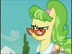 Size: 384x288 | Tagged: safe, screencap, character:chickadee, character:ms. peachbottom, episode:games ponies play, g4, my little pony: friendship is magic, glasses