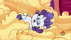 Size: 1366x768 | Tagged: safe, screencap, character:rarity, species:pony, species:unicorn, episode:princess probz, g4.5, my little pony:pony life, spoiler:pony life s01e01, chubby cheeks, double chin, fat, female, flan, food, mare, on back, pudding, raritubby, solo, treehouse logo