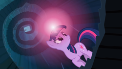 Size: 2000x1124 | Tagged: safe, screencap, character:spike, character:twilight sparkle, character:twilight sparkle (unicorn), species:pony, species:unicorn, episode:the crystal empire, g4, my little pony: friendship is magic, female, glowing horn, horn, mare, raised hoof, spiral stairs, stairs, worm's eye view