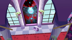 Size: 2000x1125 | Tagged: safe, screencap, character:king sombra, character:twilight sparkle, character:twilight sparkle (unicorn), species:pony, species:unicorn, episode:the crystal empire, g4, my little pony: friendship is magic, bad end, bird's eye view, canterlot castle, crystal heart, eyes closed, female, mare, prone, sad, solo, stained glass, the bad guy wins, window