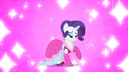 Size: 2000x1125 | Tagged: safe, screencap, character:rarity, species:pony, species:unicorn, episode:too many pinkie pies, g4, my little pony: friendship is magic, alternate hairstyle, clothing, dress, female, lidded eyes, mare, mid-blink screencap, outfit catalog, pink background, raised hoof, simple background, smiling, sparkles