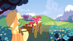 Size: 2000x1125 | Tagged: safe, screencap, character:apple bloom, character:applejack, species:earth pony, species:pony, episode:too many pinkie pies, g4, my little pony: friendship is magic, apple, apple sisters, cart, cute, female, field, filly, flower, foal, food, hill, looking back, mare, scenery, siblings, sisters