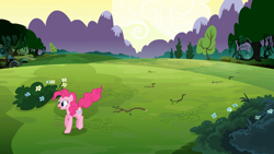 Size: 2000x1125 | Tagged: safe, screencap, character:pinkie pie, species:earth pony, species:pony, episode:too many pinkie pies, g4, my little pony: friendship is magic, female, field, mare, mountain, solo