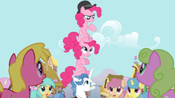 Size: 2000x1125 | Tagged: safe, screencap, character:cherry berry, character:daisy, character:dizzy twister, character:fancypants, character:lemon hearts, character:orange swirl, character:pinkie pie, character:sunshower raindrops, species:earth pony, species:pegasus, species:pony, species:unicorn, episode:too many pinkie pies, g4, my little pony: friendship is magic, bowler hat, clone, clothing, female, frown, hat, looking up, male, mare, monocle, pinkie clone, pointing at self, pony pile, sitting on head, stallion, tower of pony