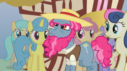 Size: 2000x1124 | Tagged: safe, screencap, character:bon bon, character:dizzy twister, character:lemon hearts, character:orange swirl, character:rainbowshine, character:sunshower raindrops, character:sweetie drops, species:earth pony, species:pegasus, species:pony, episode:too many pinkie pies, g4, my little pony: friendship is magic, background pony, beard, clothing, facial hair, female, frown, hat, haymish, male, mare, solo focus, stallion, straw hat