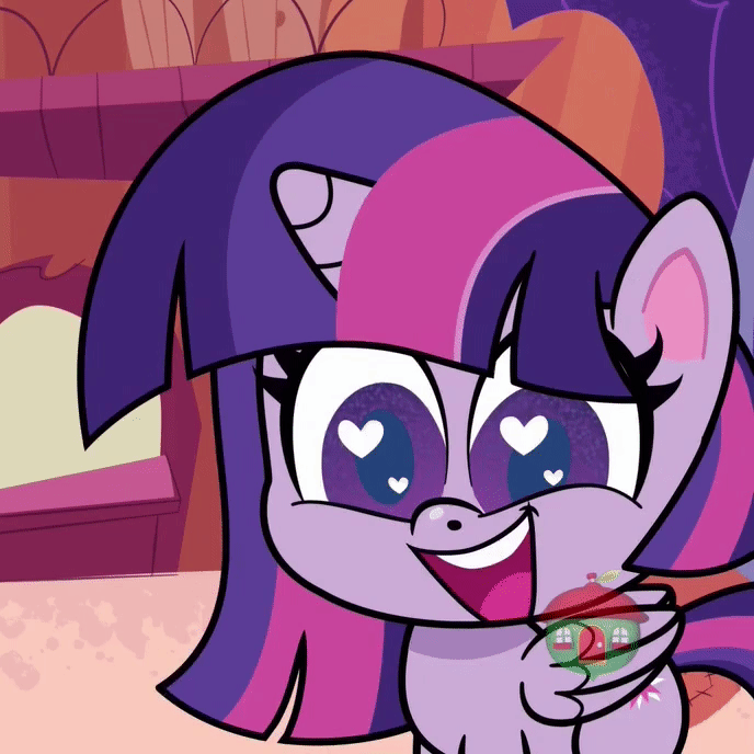 Size: 688x688 | Tagged: safe, screencap, character:twilight sparkle, character:twilight sparkle (alicorn), species:alicorn, species:pony, episode:the best of the worst, g4.5, my little pony:pony life, spoiler:pony life s01e02, animated, cropped, eye shimmer, gif, heart eyes, solo, treehouse logo, wingding eyes