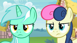 Size: 1920x1080 | Tagged: safe, screencap, character:bon bon, character:lyra heartstrings, character:sweetie drops, species:earth pony, species:pony, species:unicorn, episode:triple threat, g4, my little pony: friendship is magic, bon bon is not amused, cropped, duo, female, lyra is not amused, unamused
