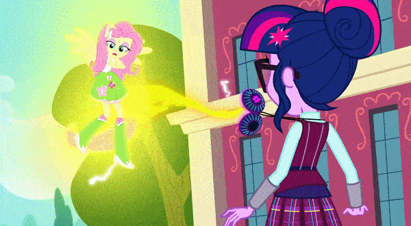 Size: 600x330 | Tagged: safe, screencap, character:fluttershy, character:spike, character:spike (dog), character:twilight sparkle, character:twilight sparkle (scitwi), species:dog, species:eqg human, equestria girls:friendship games, g4, my little pony:equestria girls, animated, canterlot high, clothing, crystal prep academy uniform, dimensional cracks, fatigues, jackalope, magic capture device, magic drain, ponied up, school uniform, screaming, subtitles