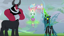 Size: 1280x720 | Tagged: safe, screencap, character:cozy glow, character:lord tirek, character:queen chrysalis, character:spike, species:alicorn, species:centaur, species:changeling, species:dragon, species:pony, episode:the ending of the end, g4, my little pony: friendship is magic, abuse, alicornified, background pony strikes again, bell, changeling queen, coward, cozycorn, desperate, female, frown, grogar's bell, pain, poor spike, race swap, smiling, spikeabuse, threat, torture, wing pull, winged spike, wings