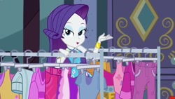Size: 1280x720 | Tagged: safe, screencap, character:rarity, episode:street chic, g4, my little pony:equestria girls, bracelet, clothes rack, cute, eyeshadow, geode of shielding, jewelry, lidded eyes, looking at you, magical geodes, makeup, raribetes, talking, window