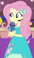 Size: 349x595 | Tagged: safe, screencap, character:fluttershy, episode:best in show: the victory lap, g4, my little pony:equestria girls, clothing, cropped, cute, dress, geode of fauna, headworn microphone, lidded eyes, magical geodes, microphone, shyabetes