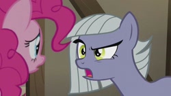 Size: 1024x576 | Tagged: safe, screencap, character:limestone pie, character:pinkie pie, species:earth pony, species:pony, episode:hearthbreakers, g4, my little pony: friendship is magic, duo, female, mare, raised eyebrow, siblings, sisters