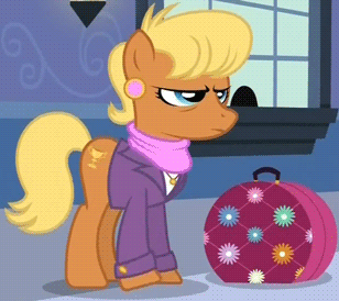 Size: 308x274 | Tagged: safe, screencap, character:ms. harshwhinny, species:earth pony, species:pony, episode:games ponies play, g4, my little pony: friendship is magic, animated, female, mare, solo, suitcase, waiting